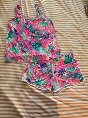 Lilly Pulitzer Pink Green Blue Floral Tank & Shorts Pajama Set